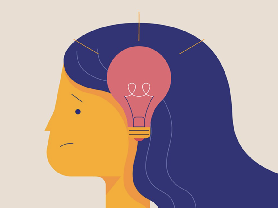 A cartoon illustration of a woman with a light bulb in her head, symbolizing an idea or a concern.