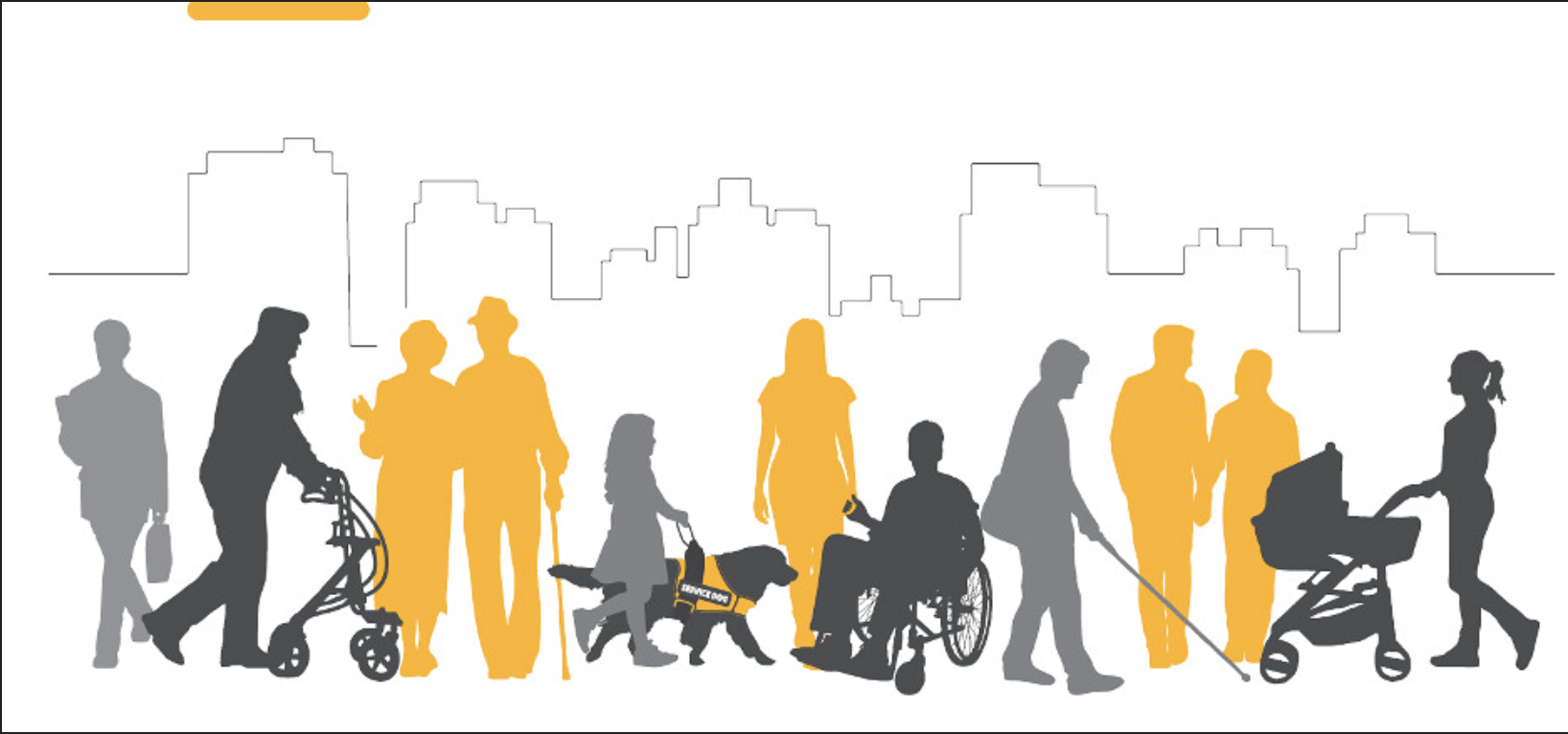 A digital drawing depicting diverse individuals, including a person in a wheelchair, a child with a service dog, and a mother with their child in an infant cart.