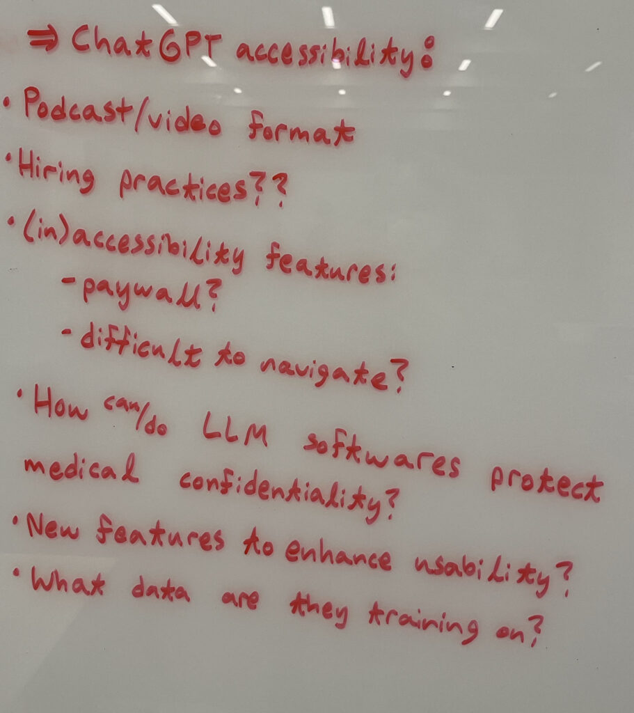 Whiteboard notes about ChatGPT inaccessibility.