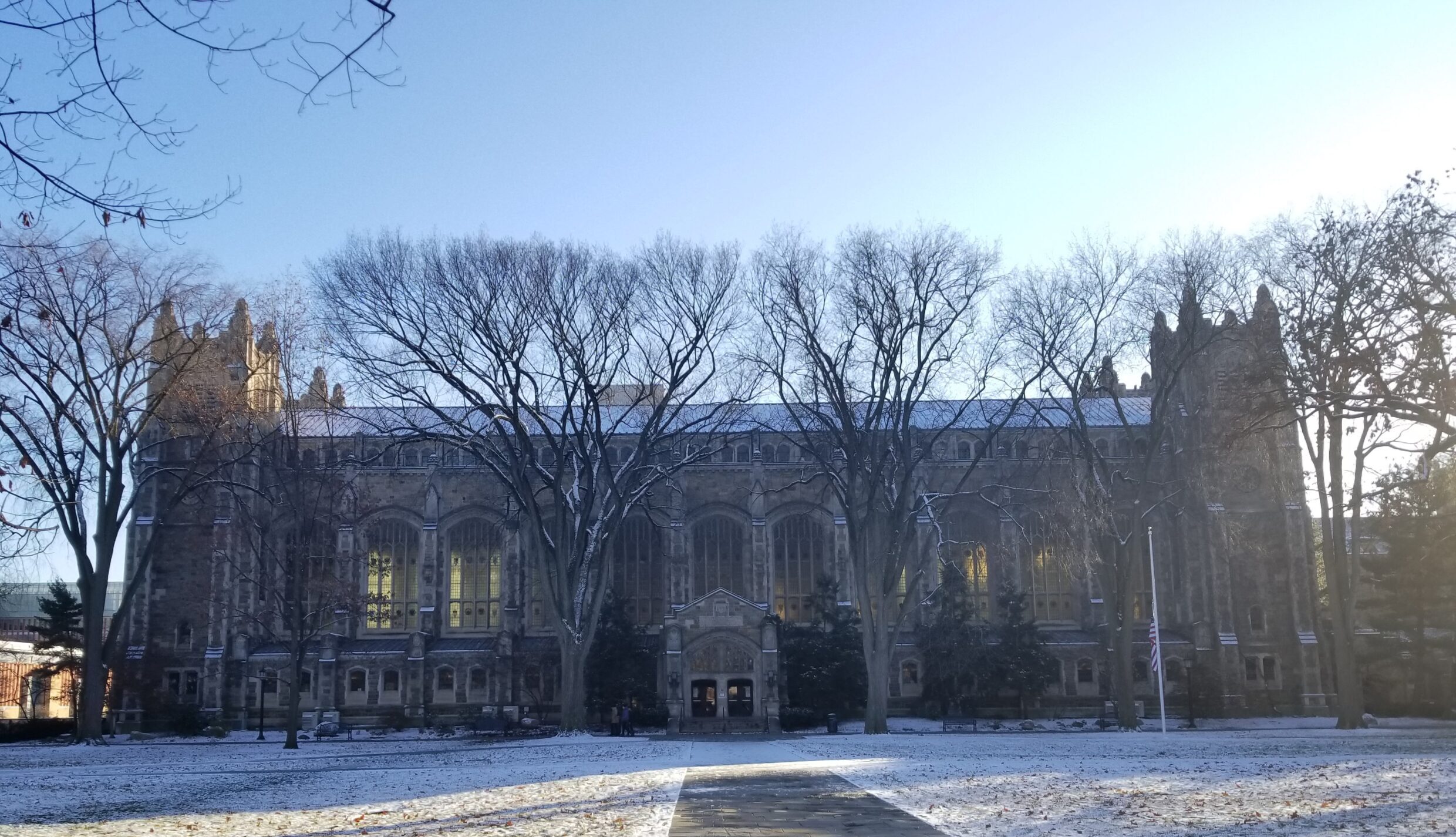 The University of Michigan Law Library exterior in winter.