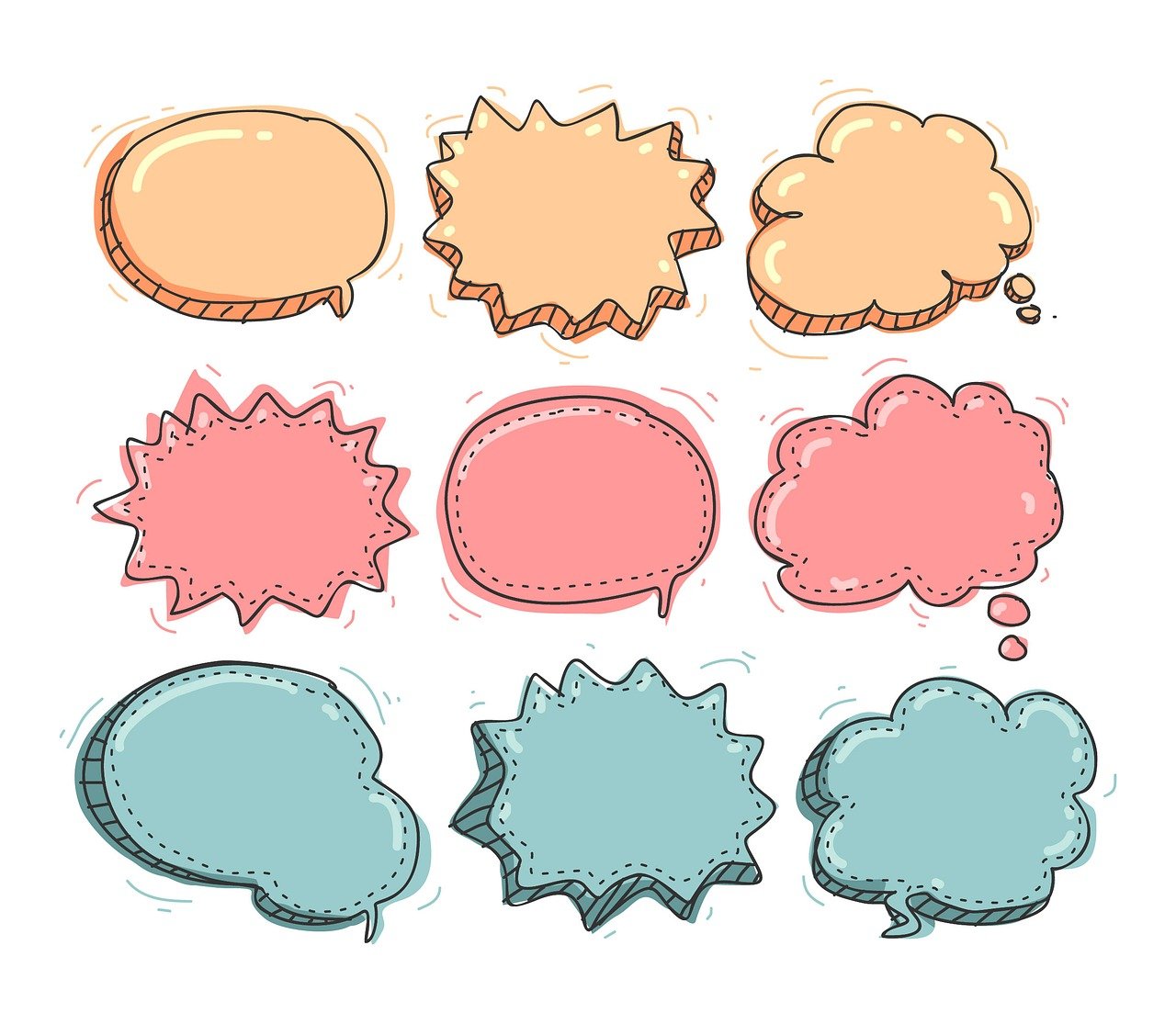 Speech bubbles in different shapes and colors.